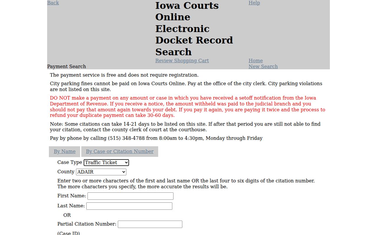 Fremont County warrant lookup fields on Iowa Courts Online