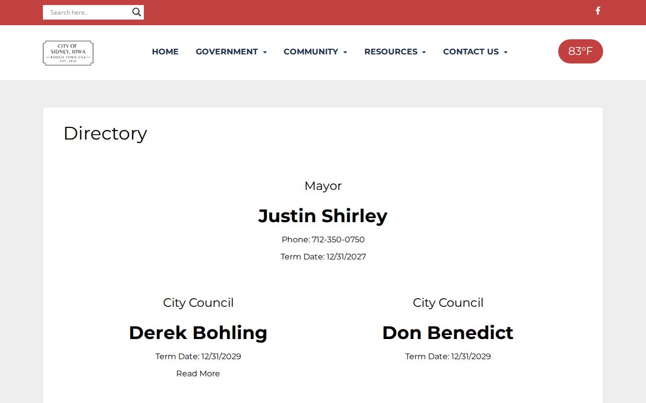 Official Sidney city directory showing city hall contact information
