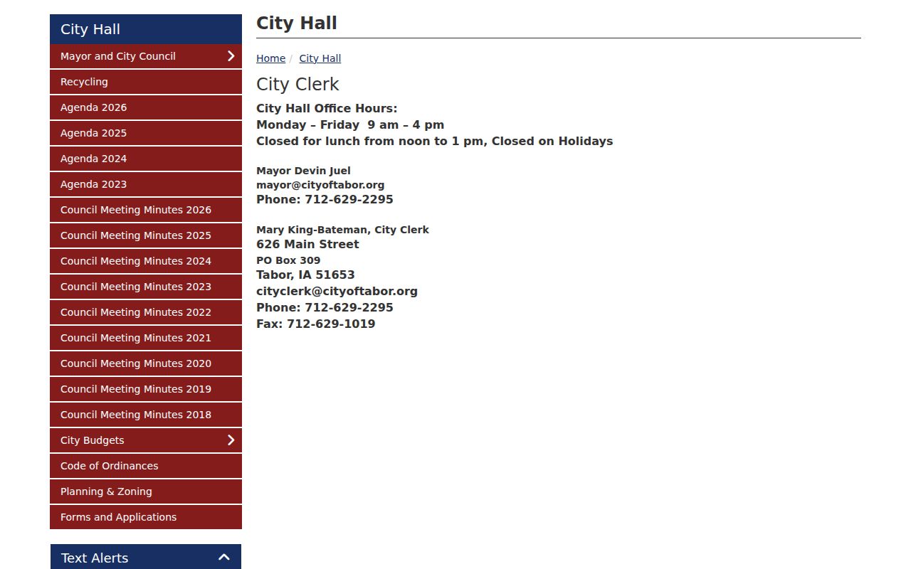 Official Tabor City Hall page with clerk contact and office hours